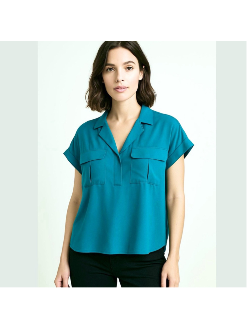 Rose & Olive Teal Blue Short Sleeve Safari Blouse Size S